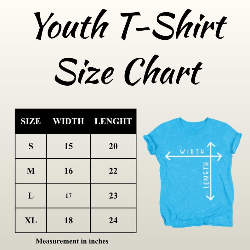 The image is a youth t-shirt size chart, which includes a table with measurements for different sizes and a blue t-shirt with measurements drawn on it.