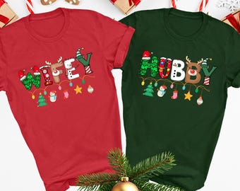 Wifey Hubby Christmas Shirts, Matching Couple Holiday Tee, Funny Husband Wife Outfit, Newlywed Xmas Gift, Festive Party Tops