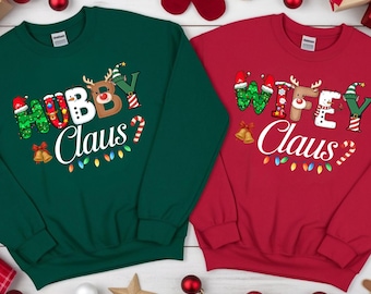 Hubby Wifey Claus Christmas Sweatshirts, Matching Husband Wife Crewneck, Cute Holiday Couple Outfit, Newlywed Gift