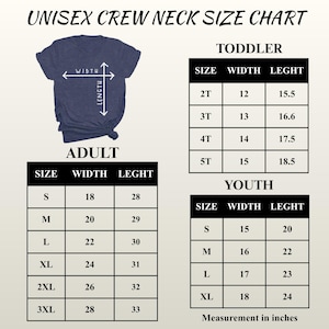 The image is a crew neck size chart that provides measurements for different age groups, including toddler, adult, and youth. The chart includes tables and illustrations to help visualize the size and fit of the crew neck t-shirt for various age groups.