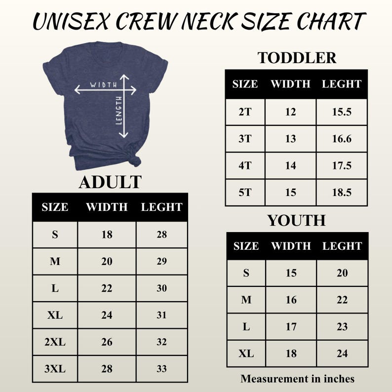 The image is a crew neck size chart that provides measurements for different age groups, including toddler, adult, and youth. The chart includes tables and illustrations to help visualize the size and fit of the crew neck t-shirt for various age groups.