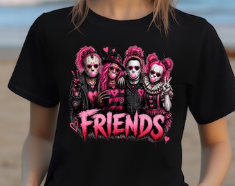 Pink Horror Friends Shirt, Spooky Besties Halloween Tee, Bubblegum Gothic Graphic T-Shirt, Creepy Girls Party Gift