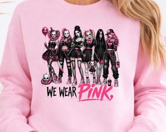 We Wear Pink Halloween Sweatshirt, Spooky Pink Halloween Shirt, Breast Cancer Awareness Tee, Retro Cancer Support Gift