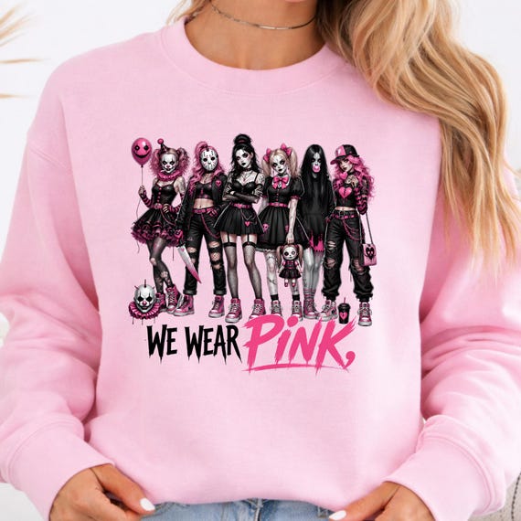 We Wear Pink Halloween Sweatshirt, Spooky Pink Halloween Shirt, Breast Cancer Awareness Tee, Retro Cancer Support Gift