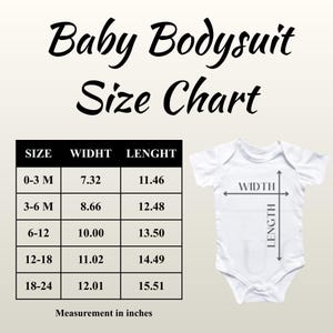 The image is a size chart for a baby bodysuit, providing measurements for different age groups from 0 to 24 months.