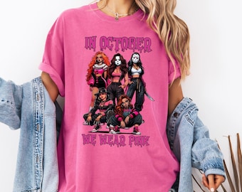 In October We Wear Pink Shirt, Halloween Comfort Colors® Tee, Horror Girls Graphic TShirt, Breast Cancer Awareness Gift
