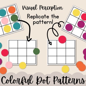 May include: An educational resource for visual perception featuring colourful dot patterns. The image includes the text "Replicate the pattern!" and "Colorful Dot Patterns". The patterns use red, pink, yellow, green, orange, and teal dots to create the patterns.