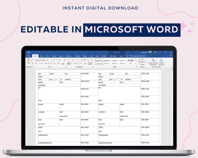 May include: A screenshot of a Microsoft Word document showing a table with medical terms and codes. The table has two columns, one labelled "Name" and the other labelled "Code". The table is filled with medical terms and codes, such as "Neuro", "Cardiac", "MSK", "GI/GU", "Diet", "Labs/Diagnostics", and "ALLERGIES".