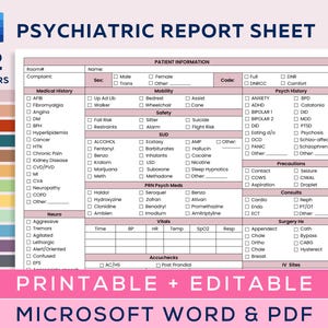 Psychiatric Nursing Report Sheet, 2 patient Psych Nurse Report sheet, Behavioral Health, Nurse Brain, Editable Microsoft Word, PDF