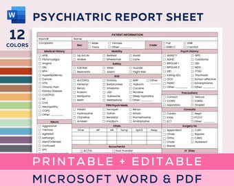 Rapportblad psychiatrische verpleging, rapportblad psychiatrisch verpleegkundige 2 patiënten, gedragsgezondheid, verpleegkundige hersenen, bewerkbaar Microsoft Word, pdf
