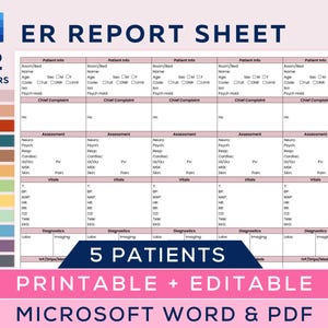 ER Nurse Report Sheet für 5 Patienten, ER Nurse Brain, um organisiert zu bleiben, Notfallpflege, Handoff, Rn-Nachrichten, bearbeitbares Microsoft Word, PDF