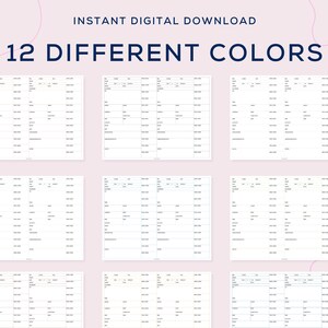 May include: Twelve printable blank calendar pages in different colours. Each page has a grid layout with space for dates, days of the week, and notes. The pages are designed for use as a monthly planner or calendar.