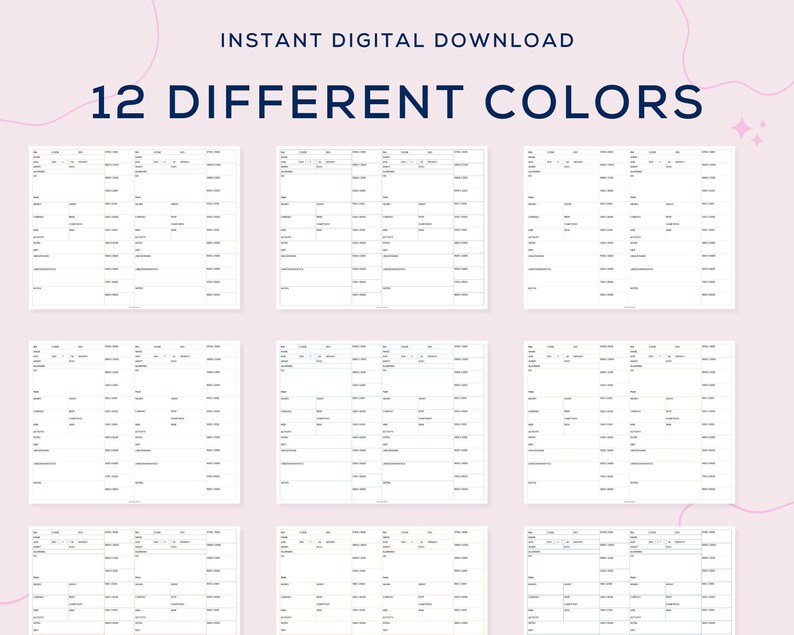 May include: Twelve printable blank calendar pages in different colours. Each page has a grid layout with space for dates, days of the week, and notes. The pages are designed for use as a monthly planner or calendar.