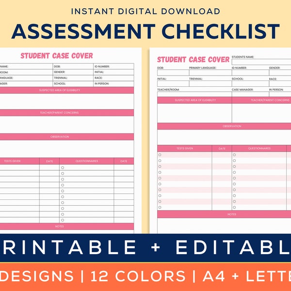 School Psychologist Test Checklist, Evaluation Checklist, Assessment Checklist, Student Case Cover, School Psychologist, A4 and Letter