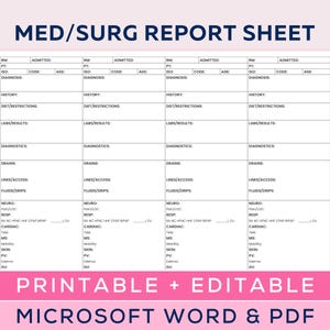 4 patient medical surgical nurse report sheet, Med Surg Nursing Brain Sheet, ER Report Sheet, RN W/ Meds, Editable Microsoft Word, PDF