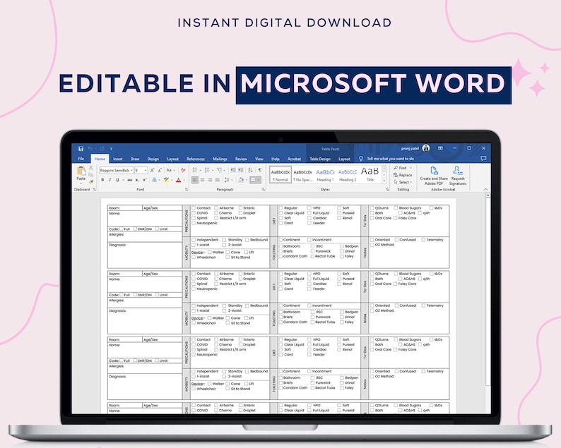 CNA Shift Report Sheet, Cna Brain Sheet for 4 Patients, Certified