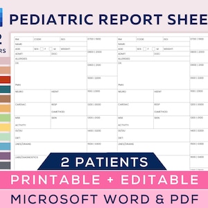 Pediatric Nurse Report Sheet for 2 Patients, Pediatrics Nurse Brain, Peds Nurse, Day & Night Shift, Patient Reporting, Microsoft Word, PDF