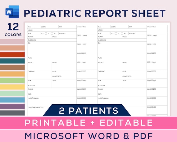 Pediatric Nurse Report Sheet for 2 Patients, Pediatrics Nurse Brain, Peds Nurse, Day & Night Shift, Patient Reporting, Microsoft Word, PDF