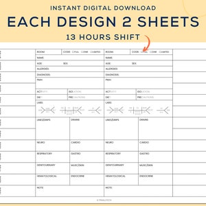 May include: A printable medical chart template for tracking patient information. The chart includes sections for room number, name, age, sex, allergies, diagnosis, PMH, activity, diet, labs, isolation, precautions, IVs, drains, neuro, cardio, respiratory, gastro, genitourinary, musculoskeletal, hematological, endocrine, and notes. The chart is designed for a 13-hour shift.