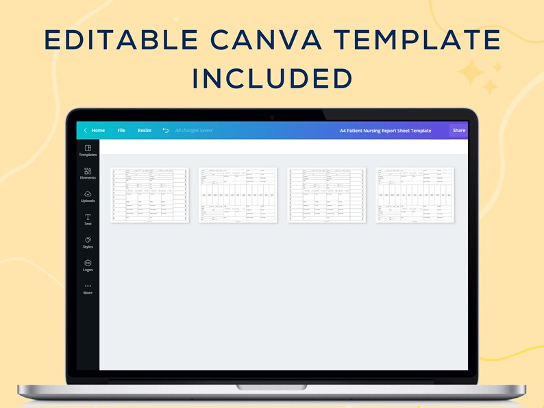 May include: A screenshot of a laptop screen showing a Canva design template for an A4 Patient Nursing Report Sheet. The template is divided into four sections, each with a table containing various fields for recording patient information.