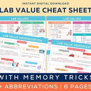May include: A digital download cheat sheet for lab values with memory tricks and abbreviations. The cheat sheet includes information on basic metabolic panel, renal, complete blood count, and body mass index. The cheat sheet is divided into six pages.