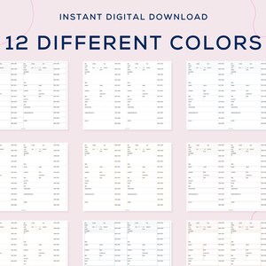 May include: Twelve printable planner pages in different colours. Each page has a grid layout with columns for date, time, and notes. The pages are designed for daily planning and scheduling.