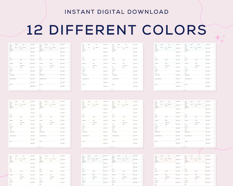 May include: Twelve printable planner pages in different colours. Each page has a grid layout with columns for date, time, and notes. The pages are designed for daily planning and scheduling.