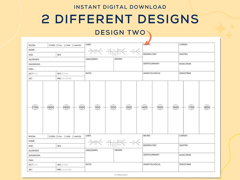 May include: A printable medical chart template with a blank grid for recording patient information, vital signs, and medications. The chart is divided into sections for labs, neuro, respiratory, gastro, genitourinary, hematological, and endocrine. The chart also includes a section for notes and a timeline for recording events throughout the day.
