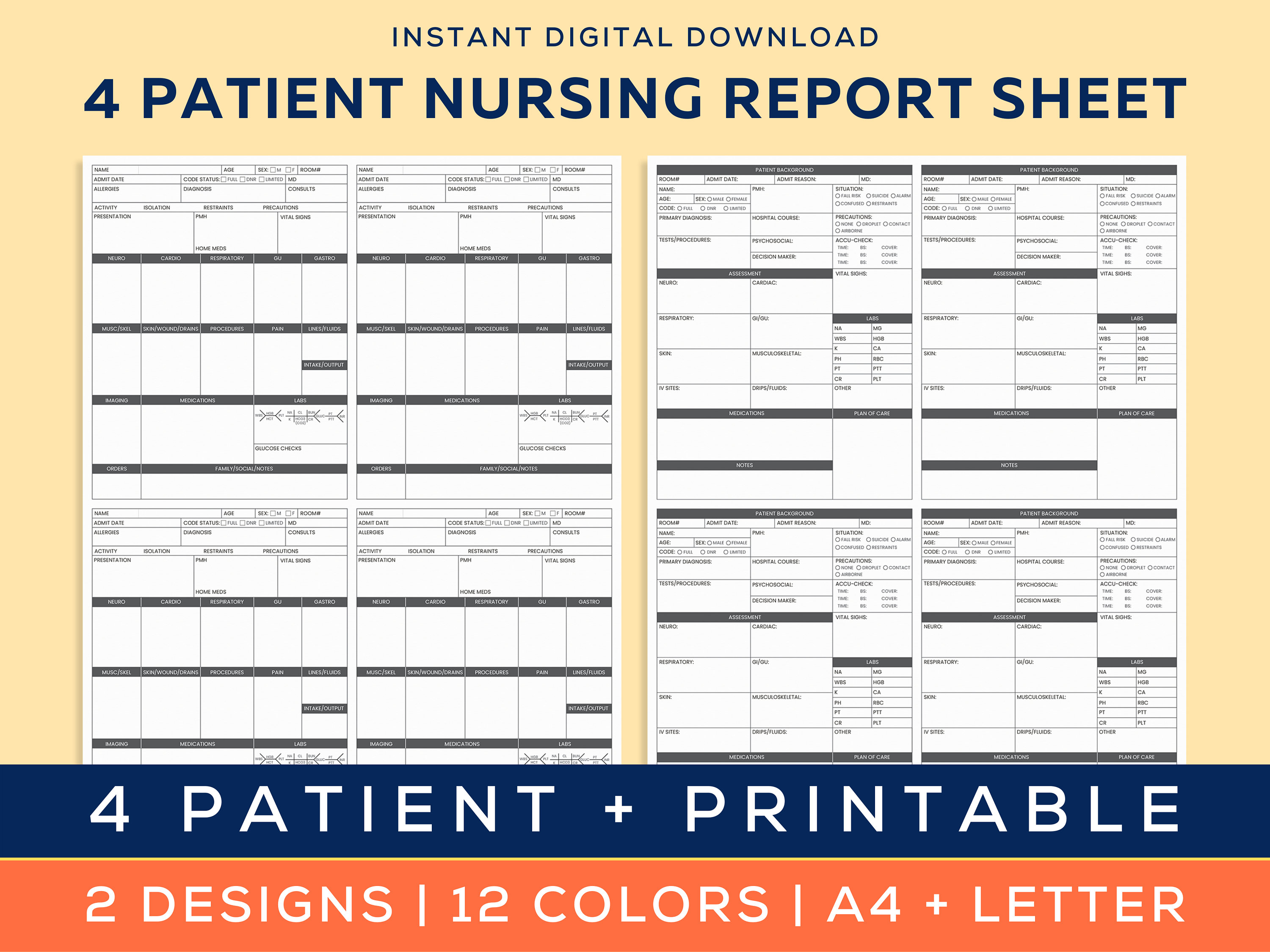 Printable 4 Patient Nursing Report Sheet Template Four Patient Med Surg