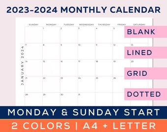 2023 2024 Monthly Calendar Landscape, Minimalist Calendar, Blank, Lined, Grid and Dotted Calendar, Monday & Sunday Start, Yearly Planner