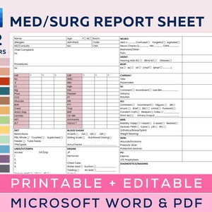 MedSurg Nurse Brain Report Sheet for 1 Patient, RN/ nursing student handoff, Hourly To Do, ICU Nurse Shift Editable Microsoft Word, PDF