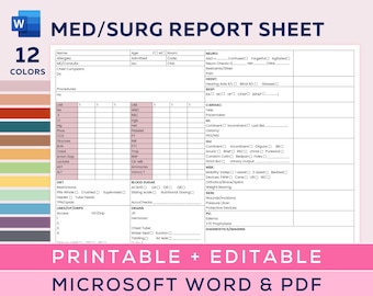 Hoja de informe de enfermeros de MedSurg para un paciente, transferencia de enfermeros registrados/estudiantes de enfermería, tareas por hora, turno de enfermería de UCI, editable en Microsoft Word y PDF