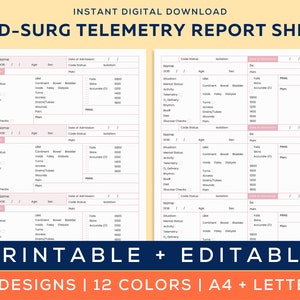 Printable Telemetry Report Sheet, 3 Patient Report Sheet, Medical Surgical/PCU, Patient Reporting Template, Nurses resources, A4 & US Letter