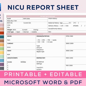 NICU-rapportblad, Nicu Brain, Baby Nurse Brain, Neonatale ICU-verpleegkundige, Nicu Nurse-cadeau, Intensive Care Unit-rapport, Microsoft Word, PDF