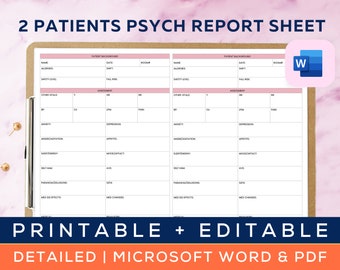 2 Patients Psych Nurse Report Sheet, Psych Nurse Brain, Nursing Organizer, Psych RN/LPN/PMHNP, Nurse resources, Microsoft Word Template