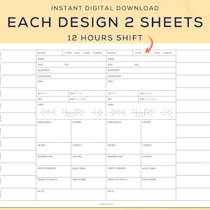 May include: A printable 12-hour shift nursing chart template with sections for patient information, vital signs, medications, and notes. The chart is designed for use by nurses and other healthcare professionals.