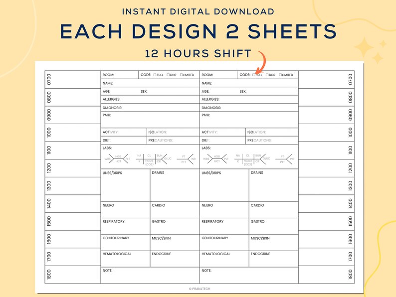 May include: A printable 12-hour shift nursing chart template with sections for patient information, vital signs, medications, and notes. The chart is designed for use by nurses and other healthcare professionals.