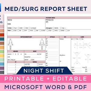 MedSurg Nurse Report Sheet Night Shift, medical surgical nurse report sheet with timeline, Med-surg nurse brain, Editable MS Word, PDF