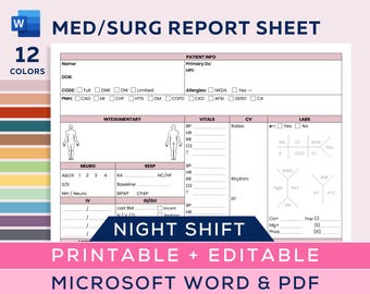 Informe de enfermería de MedSurg (turno de noche), informe de enfermería de cirugía médica con cronograma, cerebro de enfermera de Med-Surg, MS Word editable, PDF