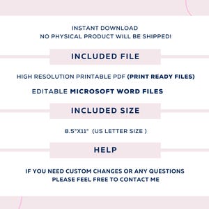 May include: A digital download listing for printable PDF and editable Microsoft Word files. The files are 8.5 inches by 11 inches, or US Letter size. The listing includes the text "Instant Download, No Physical Product Will Be Shipped!"