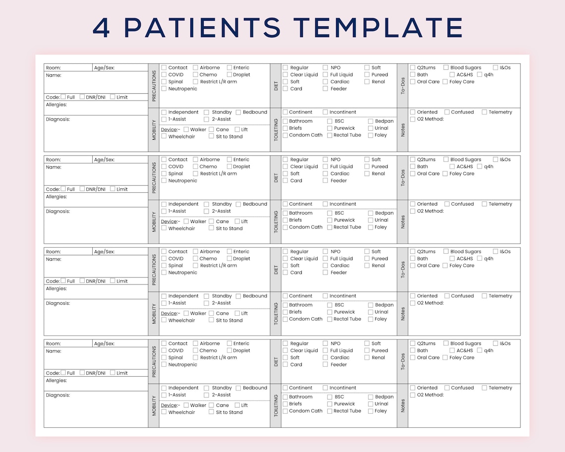 Cna shift report sheet cna brain sheet for 4 patients certified