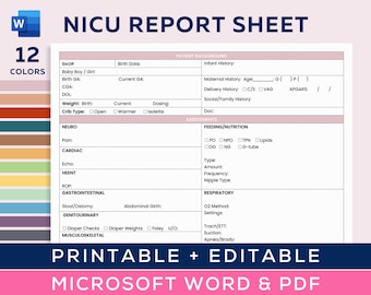 Hoja de informe de enfermera de NICU, 1-2 pacientes, cerebro de enfermera de bebé, regalo de enfermera, enfermera de UCI neonatal, informe de transferencia de enfermera, Microsoft Word, PDF