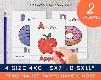 ABC Boek Baby Shower Activiteit, Gepersonaliseerde Alfabet Kleurboek Aandenken, Baby Shower Game, Baby's First Alphabet Printable, 4x6", 8.5x11