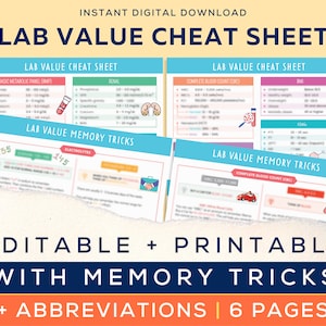 Nursing Lab Value Cheat Sheet, Memory Tricks, Abbreviations, Study Guide, Nursing School, Student Essentials, Printable & Editable, 6 Pages