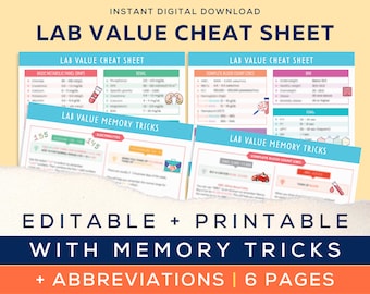 Hoja de referencia sobre valores del laboratorio de enfermería, trucos de memoria, abreviaturas, guía de estudio, escuela de enfermería, elementos esenciales para estudiantes, imprimible y editable, 6 páginas