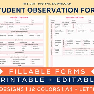Formulario de Observación Imprimible / observaciones de estudiantes / Formularios de Psicólogo Escolar / Editable y Rellenable / A4 y Carta