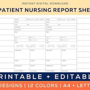 2 Patient Nursing Report Sheet | Two Patient Reporting Template | Nurse Brain Sheet | ICU Nurses resources | Med-Surg  | A4 and US Letter