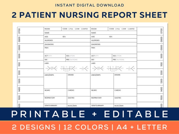 2 Patient Nursing Report Sheet | Two Patient Reporting Template | Nurse Brain Sheet | ICU Nurses resources | Med-Surg  | A4 and US Letter