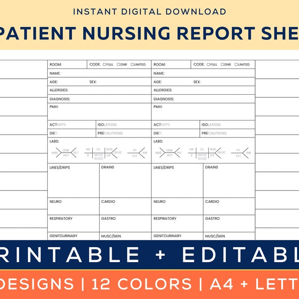 2 Feuille de rapport sur les soins infirmiers aux patients | Deux modèles de rapport de patients | Fiche cérébrale infirmière | Ressources pour les infirmières de l’USI | Med-Surg | A4 et lettre américaine