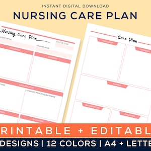 May include: Printable nursing care plan template with two designs. The template has sections for assessment, diagnosis, planning, implementation, and evaluation. The template is available in 12 colors and in A4 and Letter sizes.